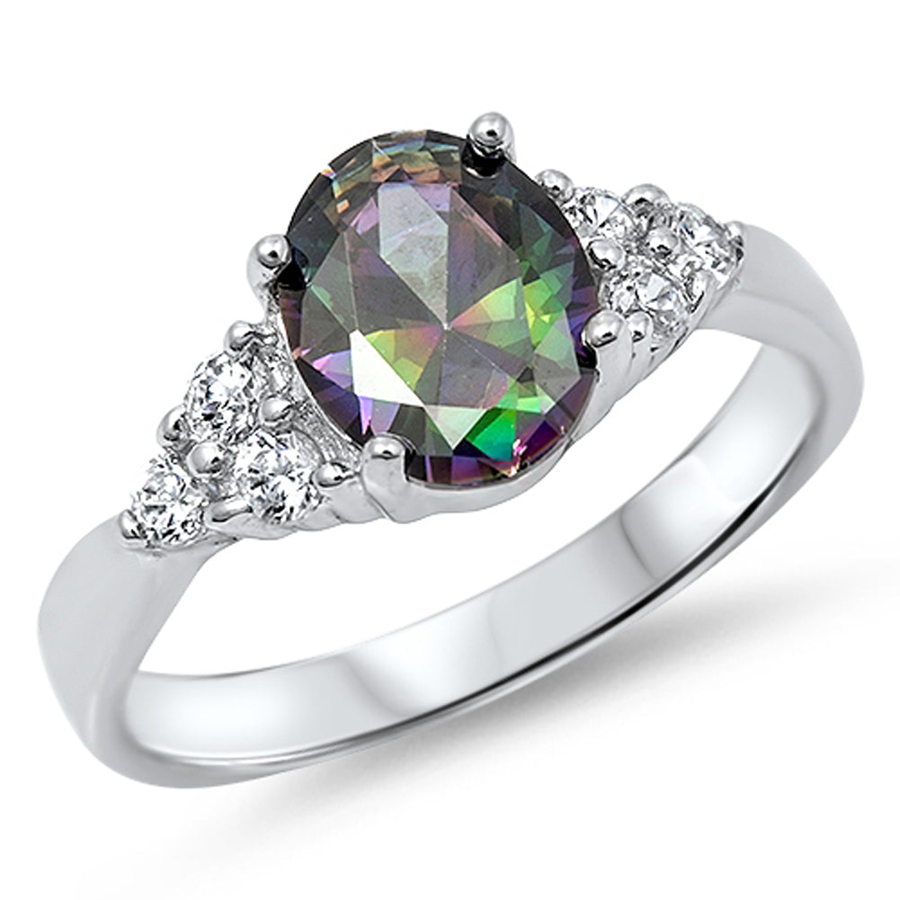 Rainbow Topaz CZ Oval Solitaire Ring New .925 Sterling Silver Band Sizes 5-11