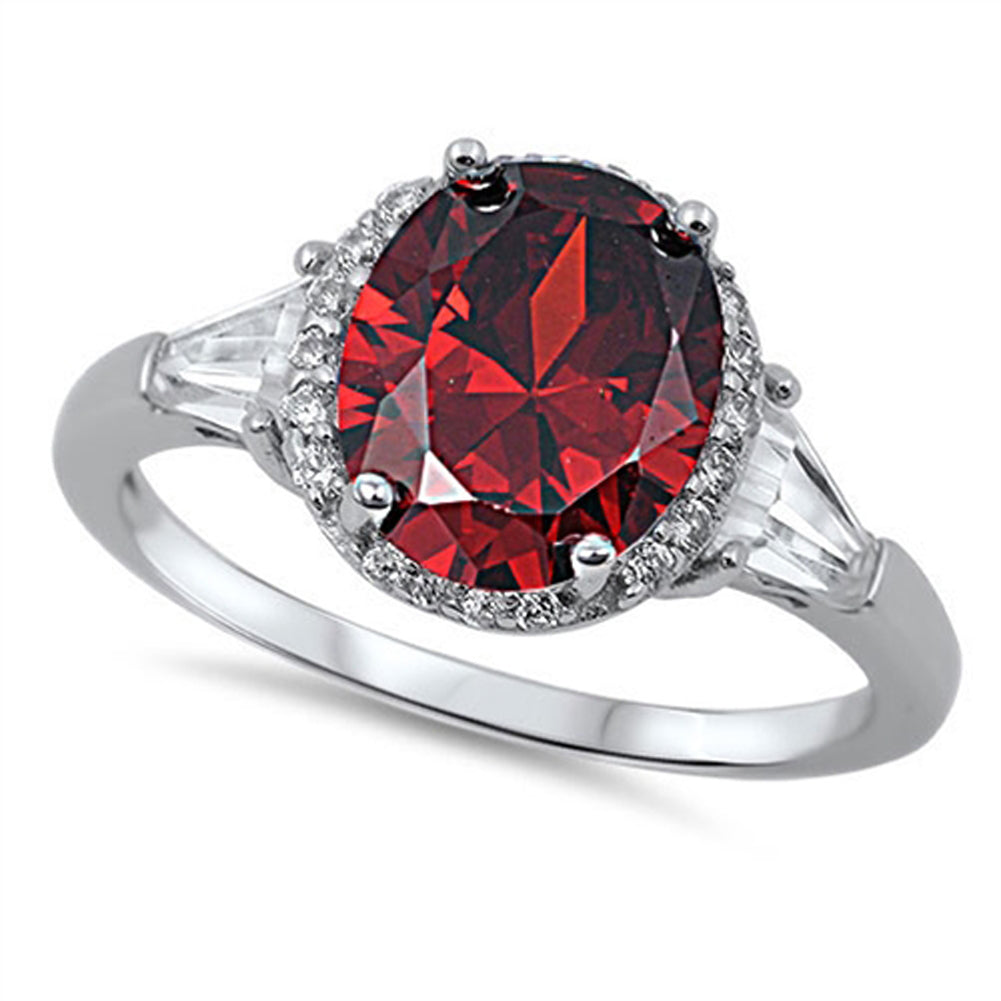 Garnet CZ Oval Solitaire Polished Ring New .925 Sterling Silver Band Sizes 5-10