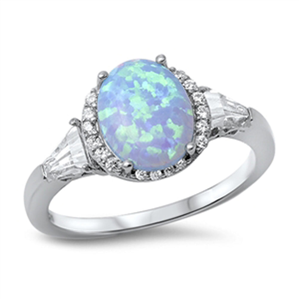 Oval Blue Lab Opal Halo White CZ Promise Ring .925 Sterling Silver Sizes 5-10