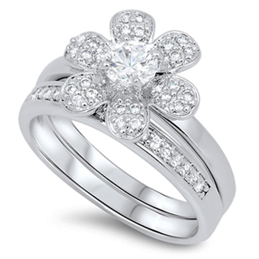 Clear CZ Cute Flower Polished Ring Set New .925 Sterling Silver Band Sizes 5-10