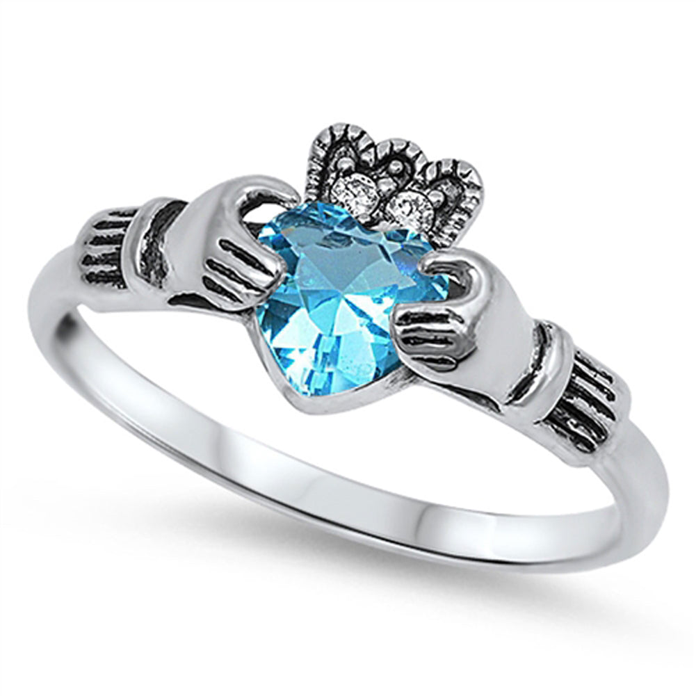 Blue Sapphire CZ Elegant Heart Claddagh Ring 925 Sterling Silver Band Sizes 5-10