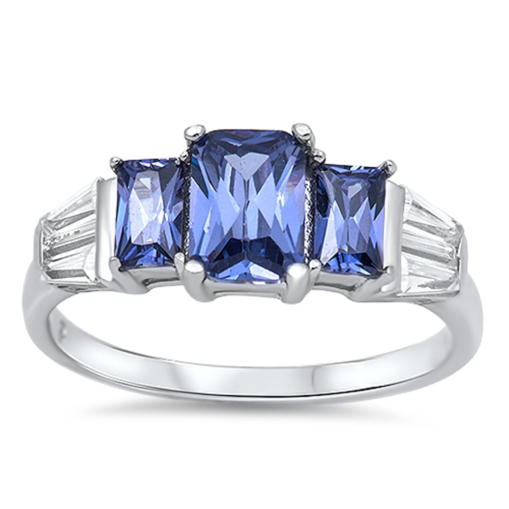 Emerald Cut Blue Sapphire CZ Polished Ring .925 Sterling Silver Band Sizes 5-10