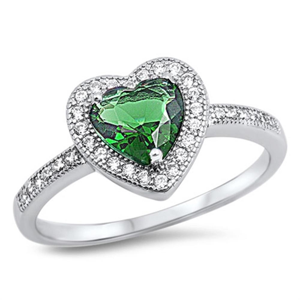 Emerald CZ Love Heart Promise Polished Ring .925 Sterling Silver Band Sizes 5-10