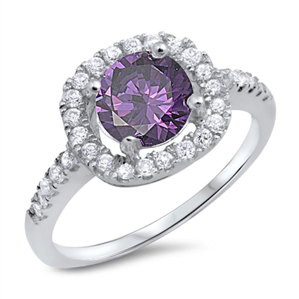 Amethyst CZ Circle Solitaire Halo Ring New .925 Sterling Silver Band Sizes 5-10