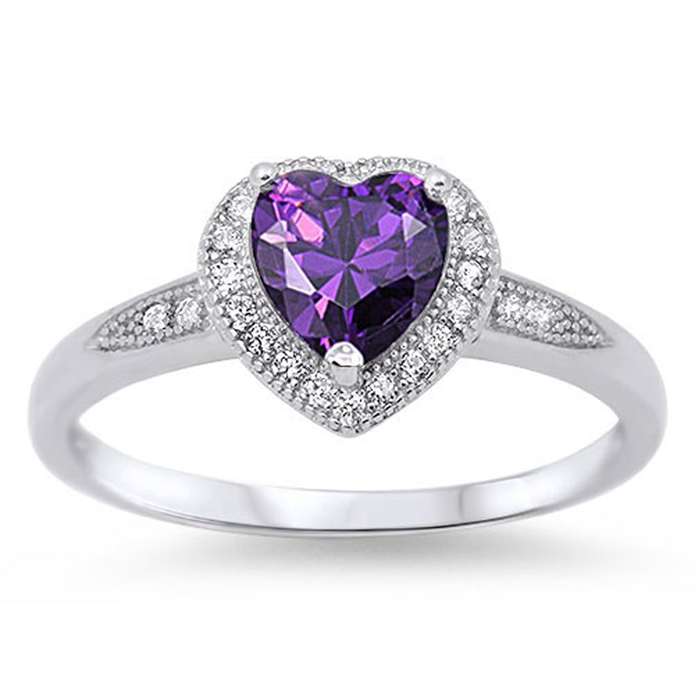 Women's Heart Amethyst CZ Halo Promise Ring .925 Sterling Silver Band Sizes 4-10