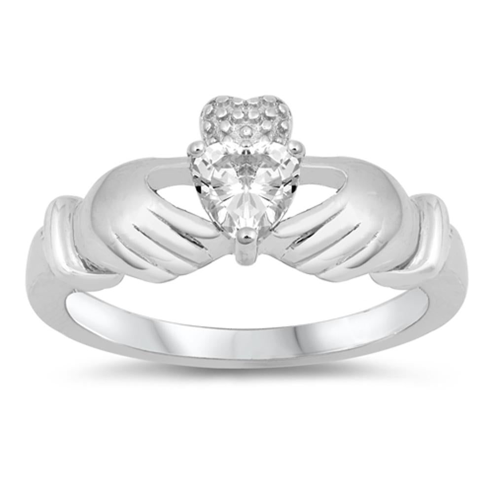 White CZ Polished Simple Claddagh Ring New .925 Sterling Silver Band Sizes 5-10