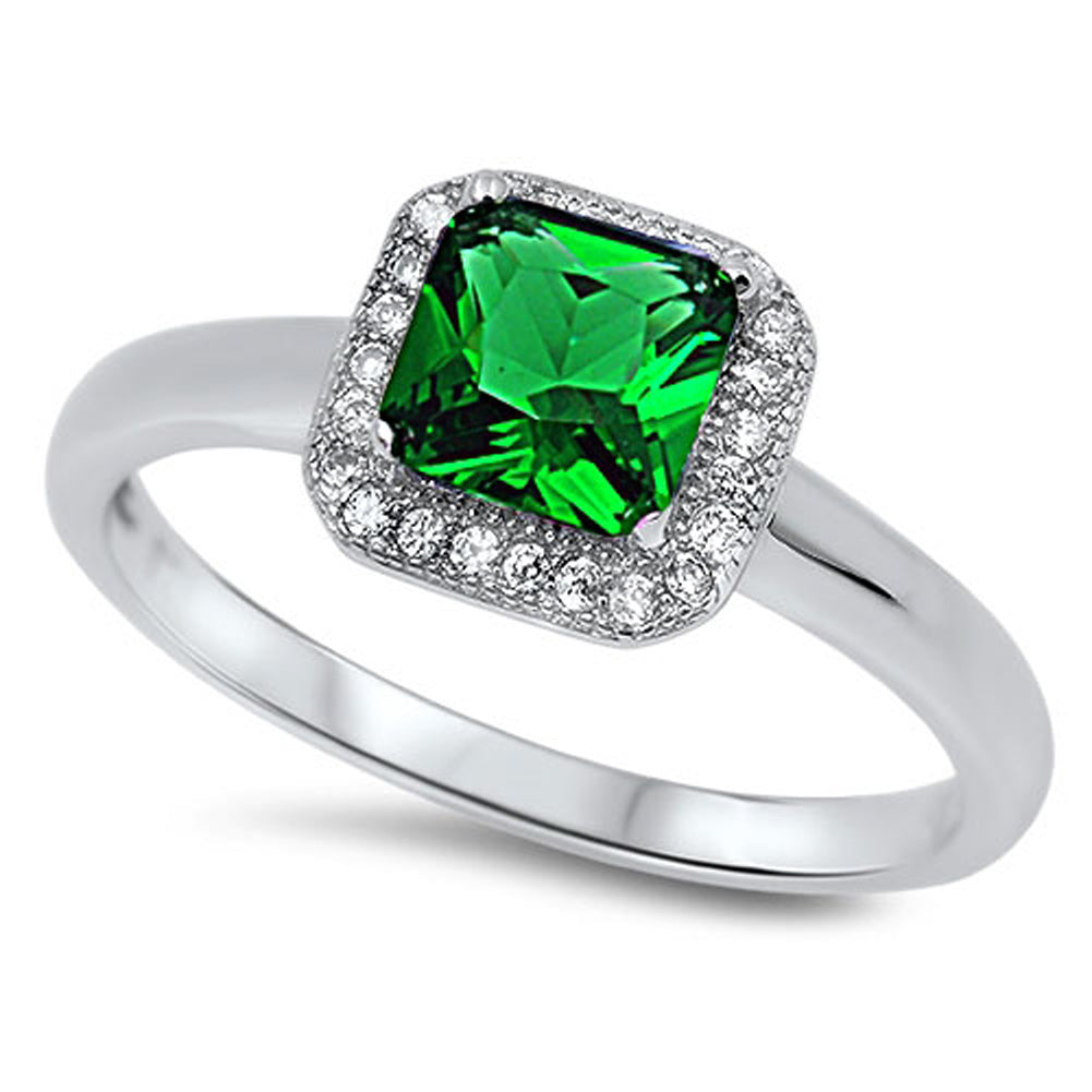 Emerald CZ Square Solitaire Halo Ring New .925 Sterling Silver Band Sizes 5-10