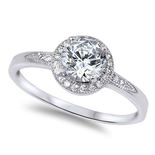 Clear CZ Polished Elegant Halo Simple Ring .925 Sterling Silver Band Sizes 5-10