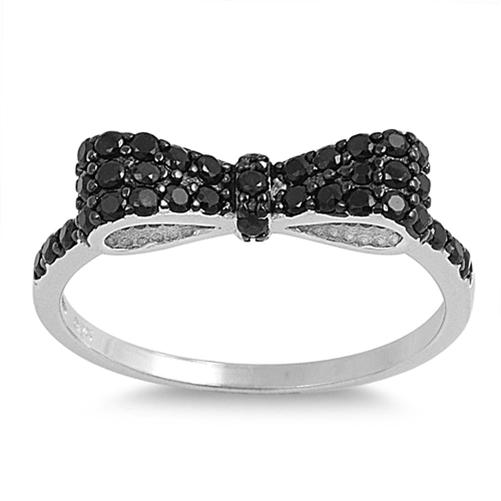 Black CZ Bow Unique Elegant Cute Ring New .925 Sterling Silver Band Sizes 5-10