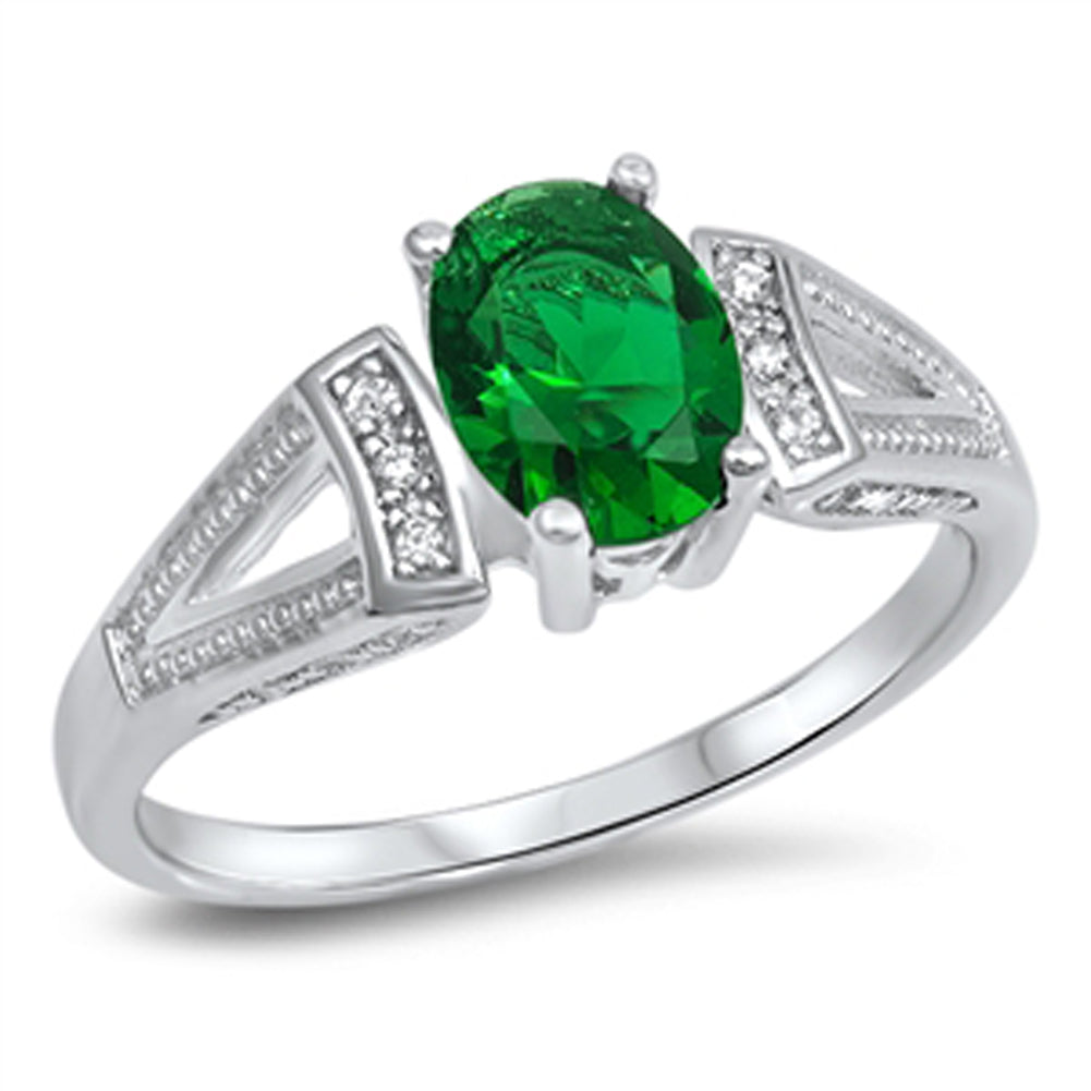 Emerald CZ Oval Solitaire Polished Cutout Ring Sterling Silver Band Sizes 4-12