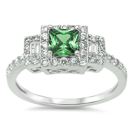 Emerald CZ Square Halo Cutout Polished Ring .925 Sterling Silver Band Sizes 4-13