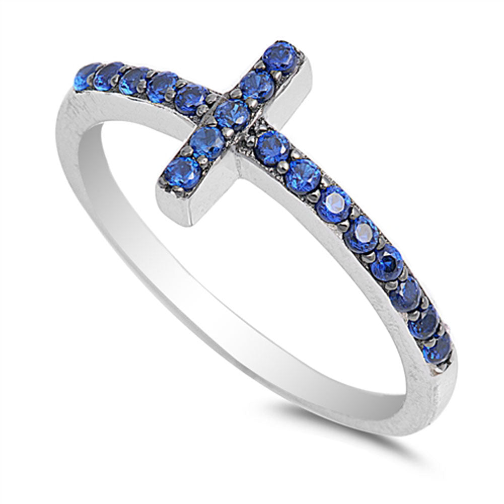 Blue Sapphire CZ Sideways Cross Ring New .925 Sterling Silver Band Sizes 4-10