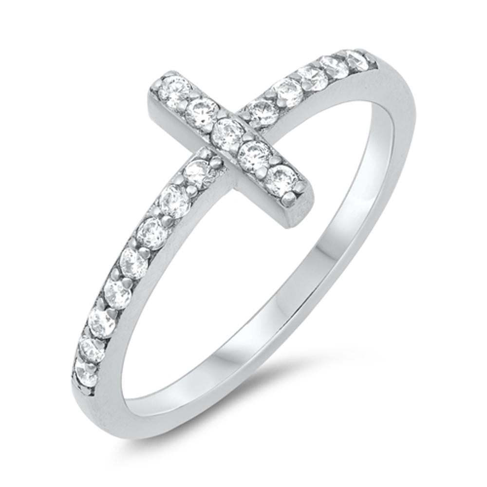 Sideways Cross White CZ Fashion Ring Sterling Silver Christian Band Sizes 4-12