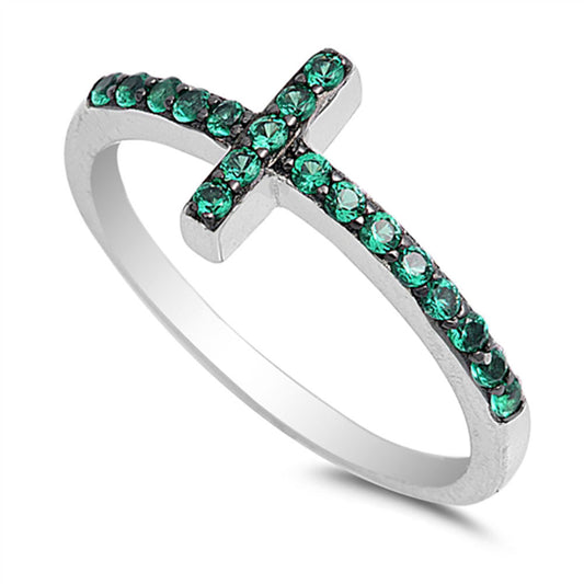 Emerald CZ Sideways Cross Ring .925 Sterling Silver Christian Band Sizes 4-10