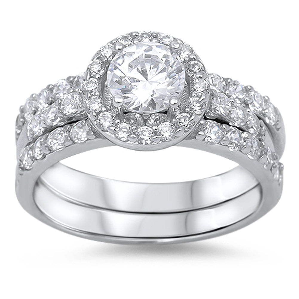 Clear CZ Elegant Simple Halo Ring Set New .925 Sterling Silver Band Sizes 5-10