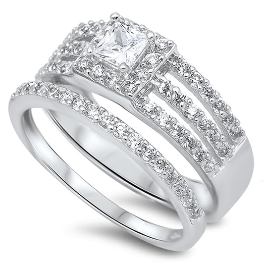 Clear CZ Solitaire Polished Ring Set New .925 Sterling Silver Band Sizes 5-10