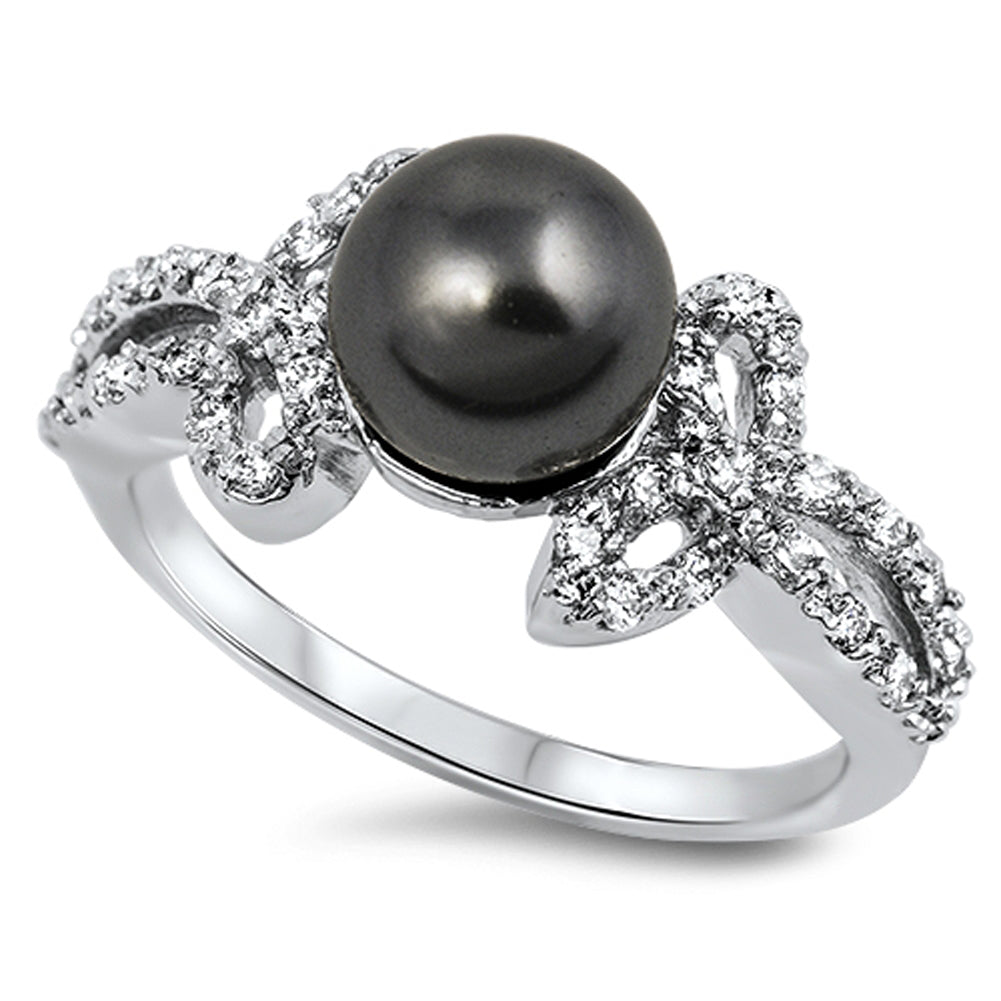 Black Freshwater Pearl Clear CZ Ring New .925 Sterling Silver Band Sizes 4-11