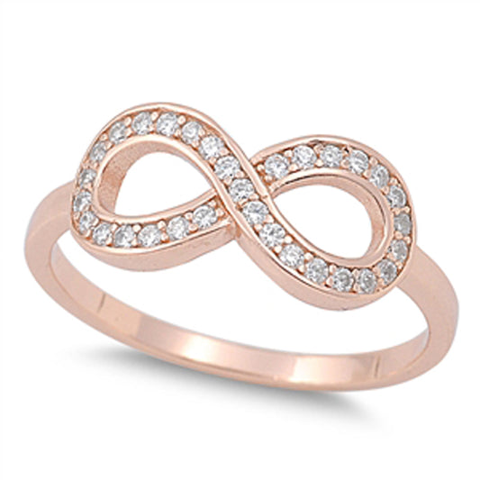 Rose Gold Tone Infinity Clear CZ Unique Ring New .925 Sterling Silver Sizes 5-10