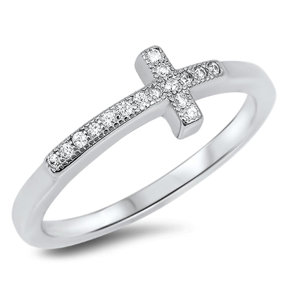 Cross Christian Clear CZ Unique Ring New .925 Sterling Silver Band Sizes 5-10