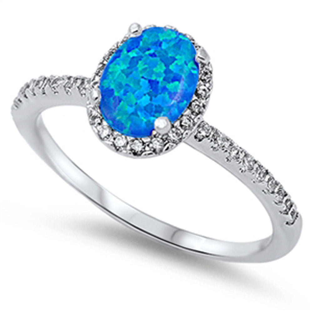 Sterling Silver Blue Lab Opal Solitaire Clear CZ Halo Wedding Ring Sizes 4-10