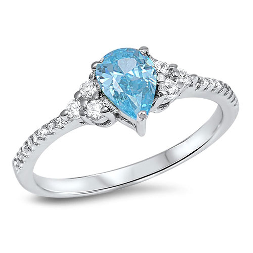 Pear Solitaire Aquamarine CZ Polished Ring .925 Sterling Silver Band Sizes 5-10