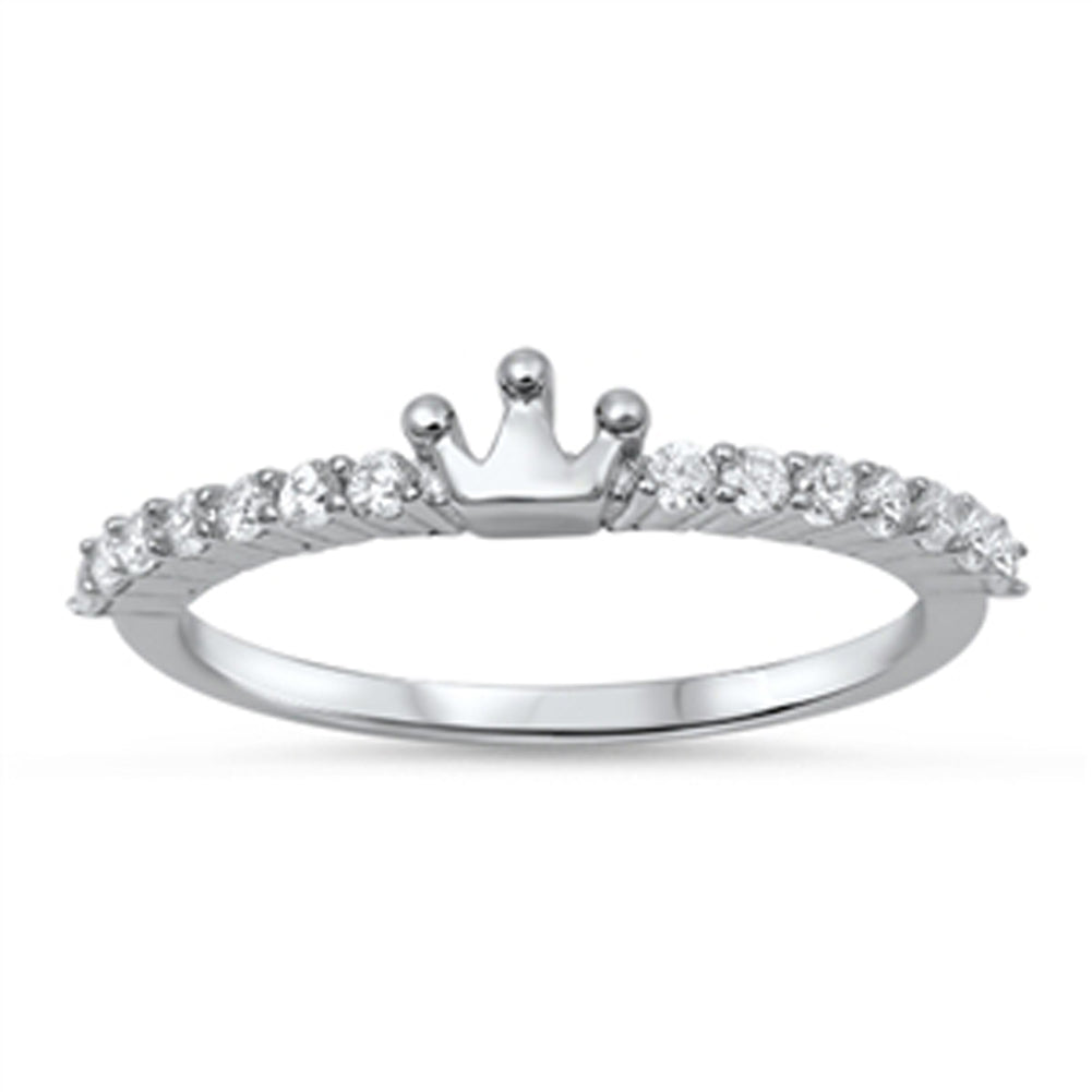 Girl's Crown White CZ Fashion Ring New .925 Sterling Silver Thin Band Sizes 4-10