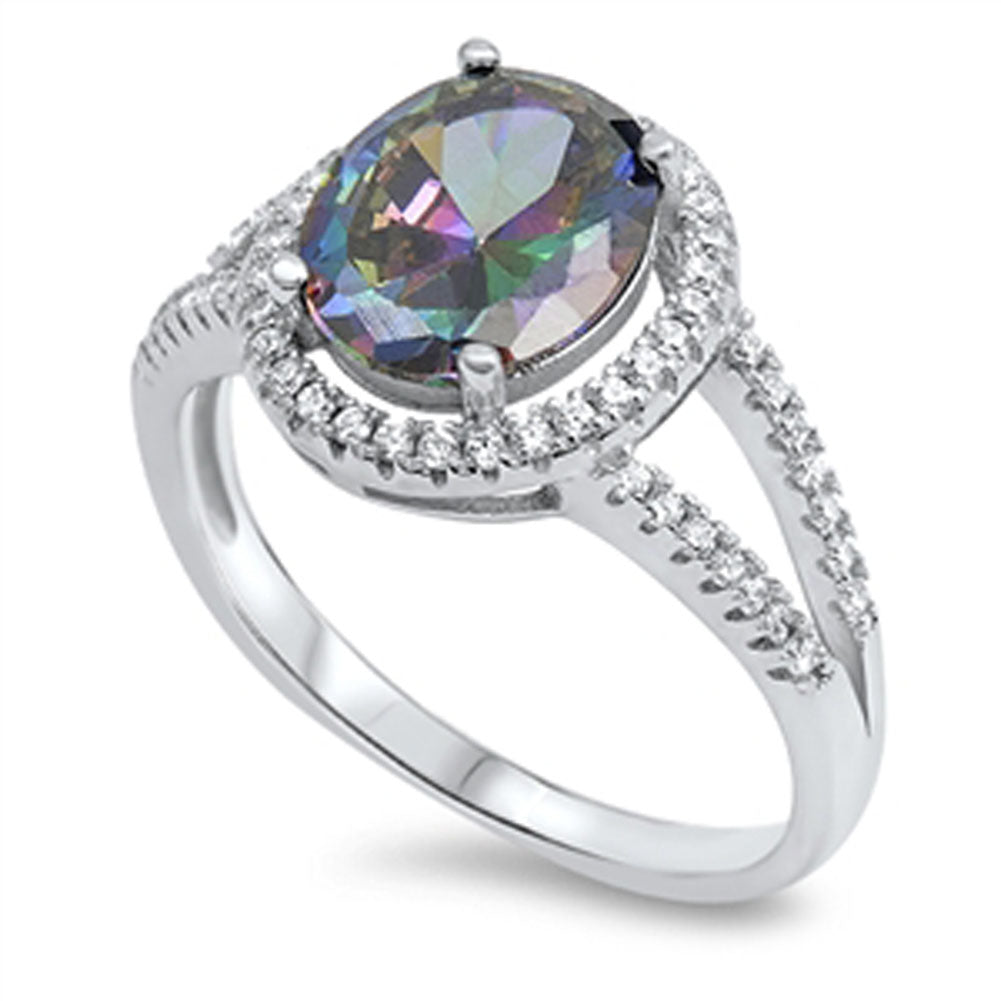 Solitaire Rainbow Topaz CZ Halo Wedding Ring New .925 Sterling Silver Sizes 5-10