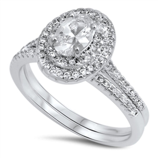 Solitaire Halo Clear CZ Wedding Ring Set .925 Sterling Silver Band Sizes 5-10