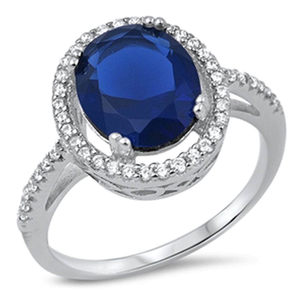 Solitaire Blue Sapphire CZ Micro Pave Ring .925 Sterling Silver Band Sizes 5-10