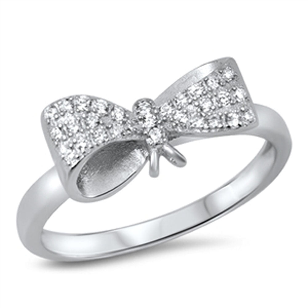 Bow Ribbon Gift Clear CZ Cute Ring New .925 Sterling Silver Band Sizes 4-10