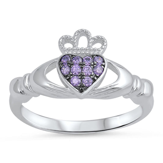 Amethyst CZ Claddagh Heart Friendship Ring .925 Sterling Silver Band Sizes 4-10