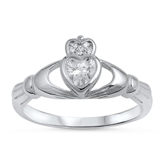 Heart Claddagh Clear CZ Promise Ring New .925 Sterling Silver Band Sizes 4-10