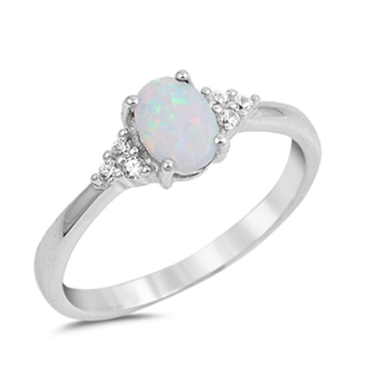 Oval Solitaire Clear CZ White Lab Opal Ring .925 Sterling Silver Band Sizes 4-10