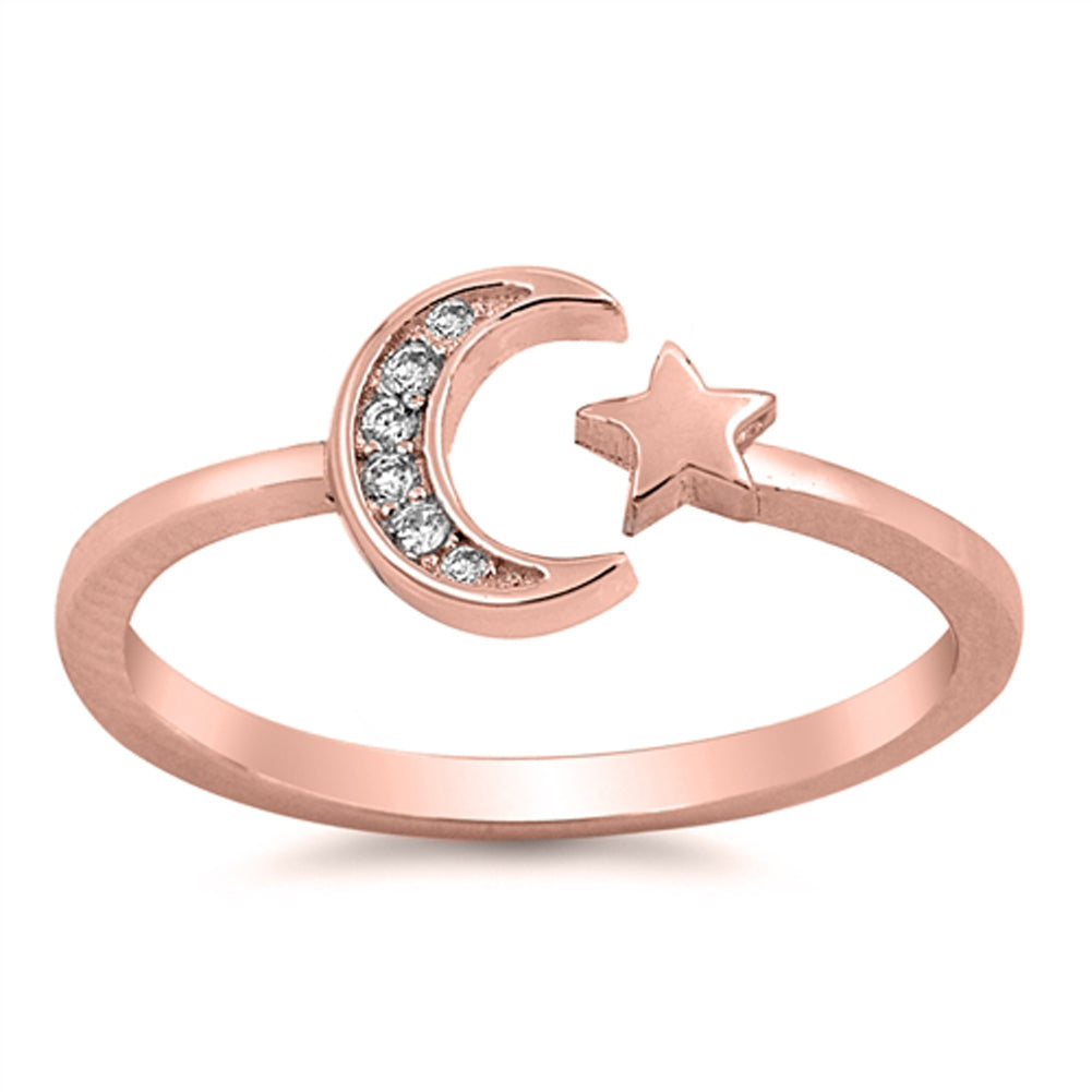 Clear CZ Rose Gold-Tone Moon Star Ring Sterling Silver Vintage Band Sizes 2-10