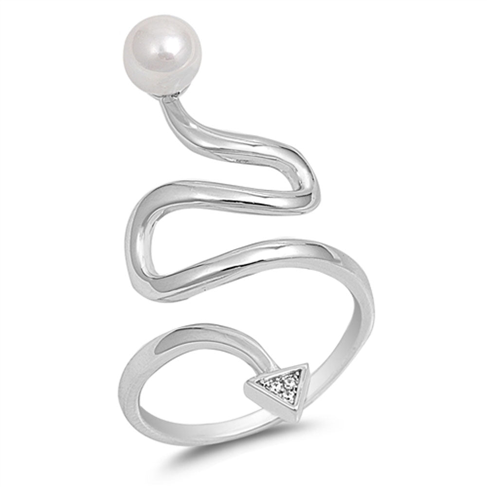 Clear CZ Freshwater Pearl Snake Arrow Open Ring .925 Sterling Silver Sizes 5-10