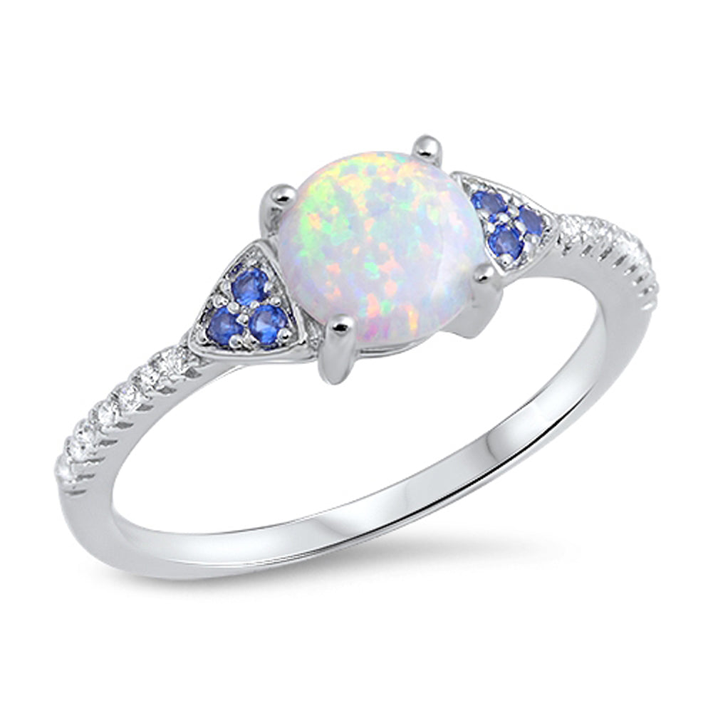 Blue Sapphire CZ Round White Lab Opal Ring .925 Sterling Silver Band Sizes 5-10