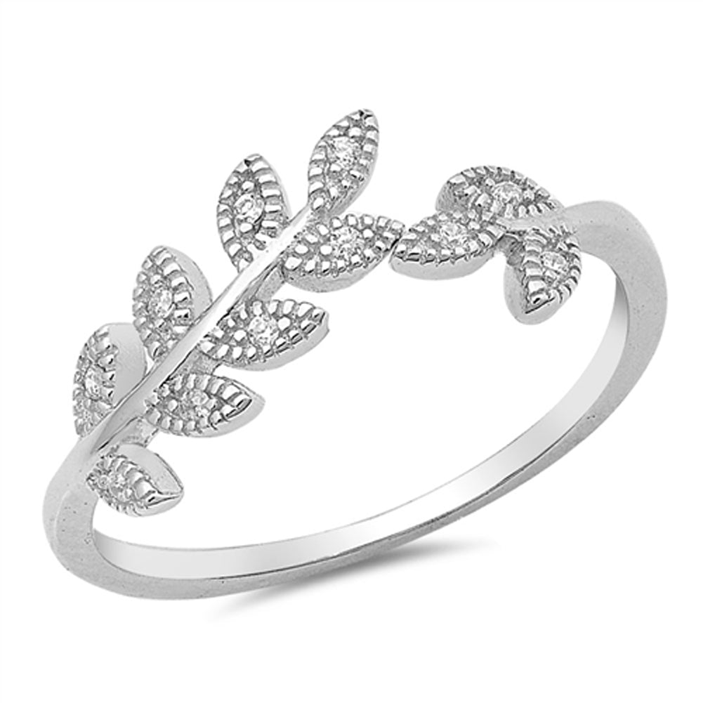 Leaf Vine Branch White CZ Polished Ring New .925 Sterling Silver Band Sizes 4-10