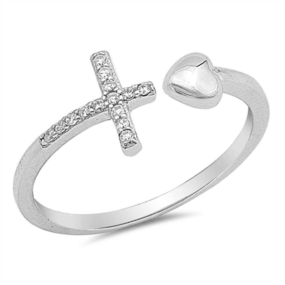 Open Sideways Cross Heart White CZ Ring New .925 Sterling Silver Band Sizes 4-10