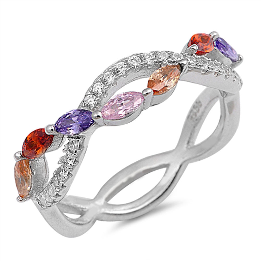 Infinity Knot Multicolor CZ Eternity Ring .925 Sterling Silver Band Sizes 4-10