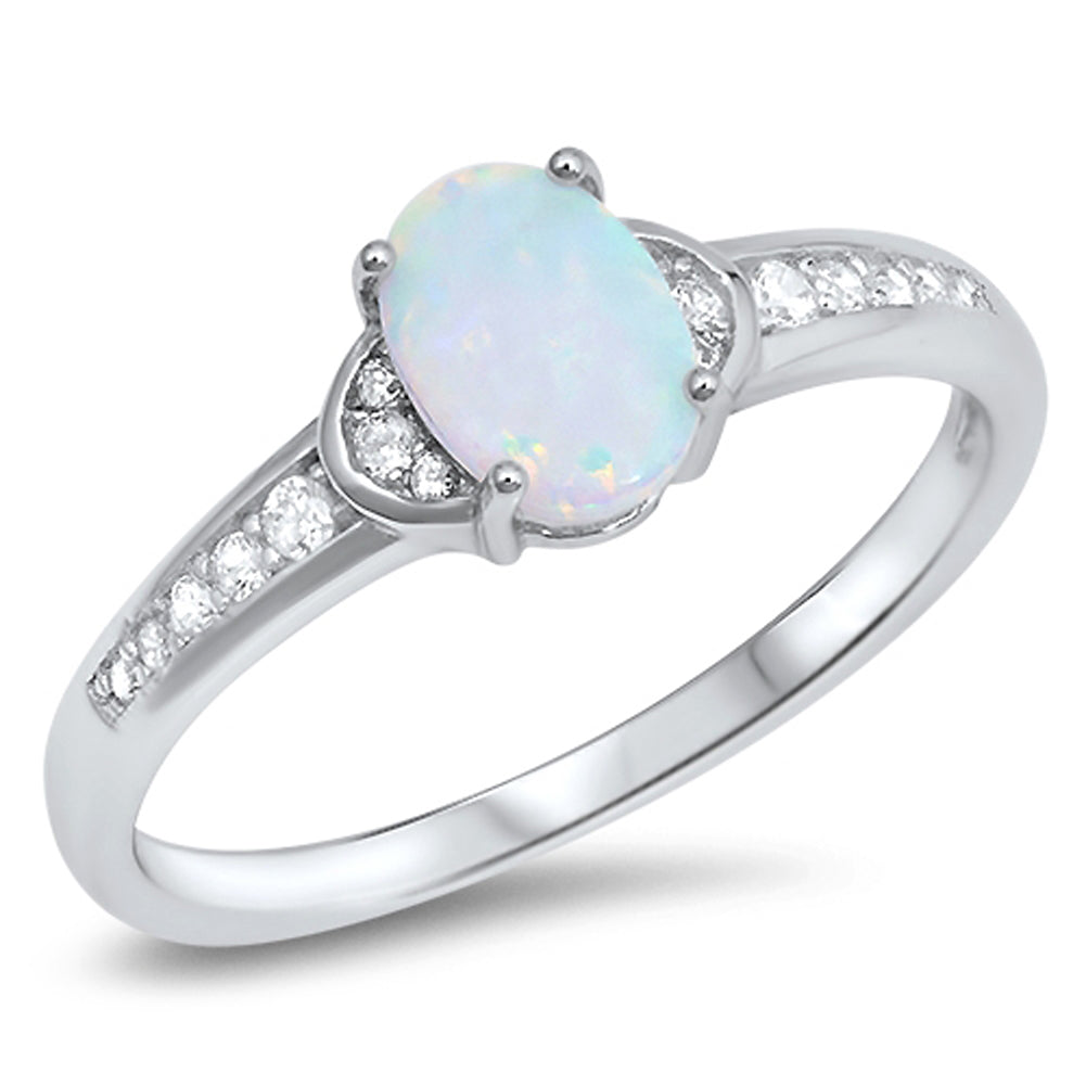 Oval White Lab Opal Solitaire Wedding Ring .925 Sterling Silver Band Sizes 5-10