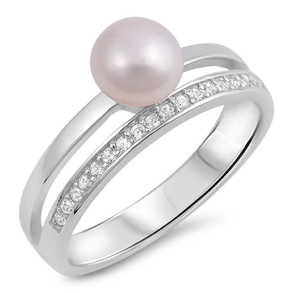 Clear CZ Freshwater Pearl Bar Ring New .925 Sterling Silver Band Sizes 5-10