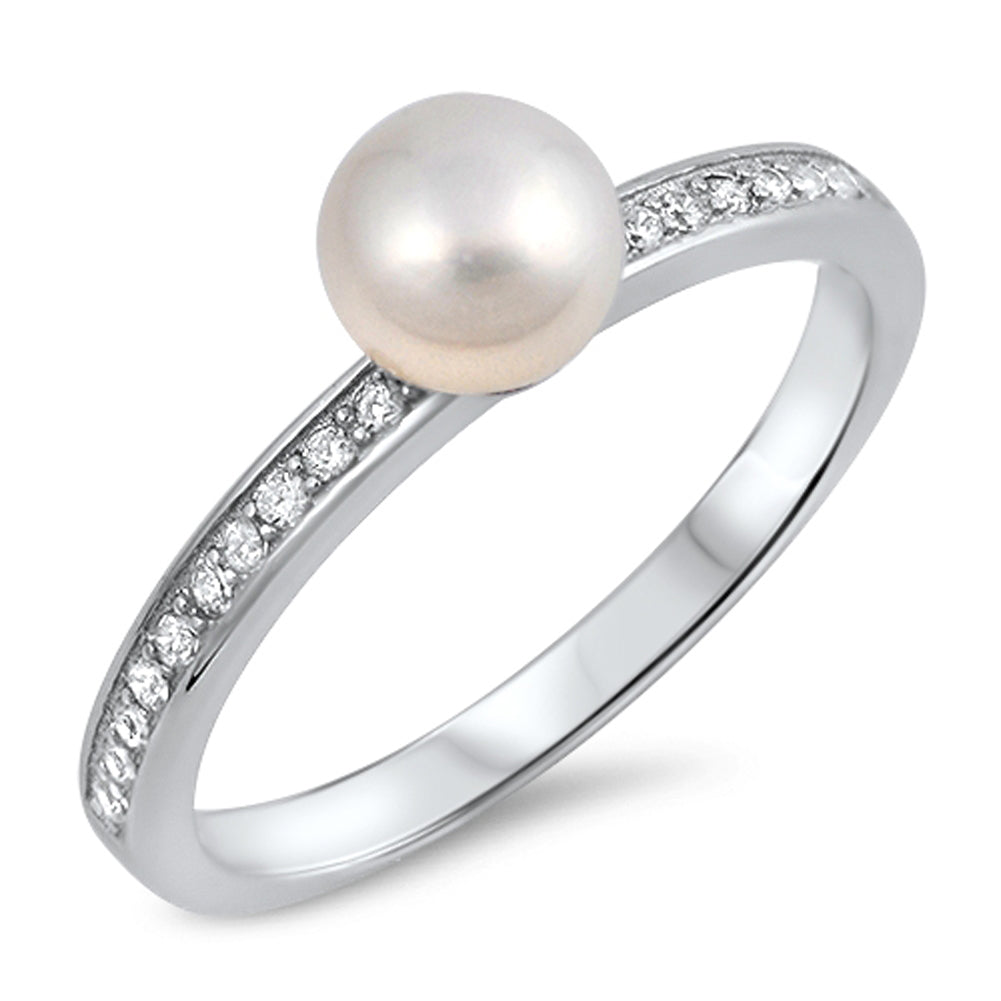 White CZ Freshwater Pearl Round Ring New .925 Sterling Silver Band Sizes 5-10