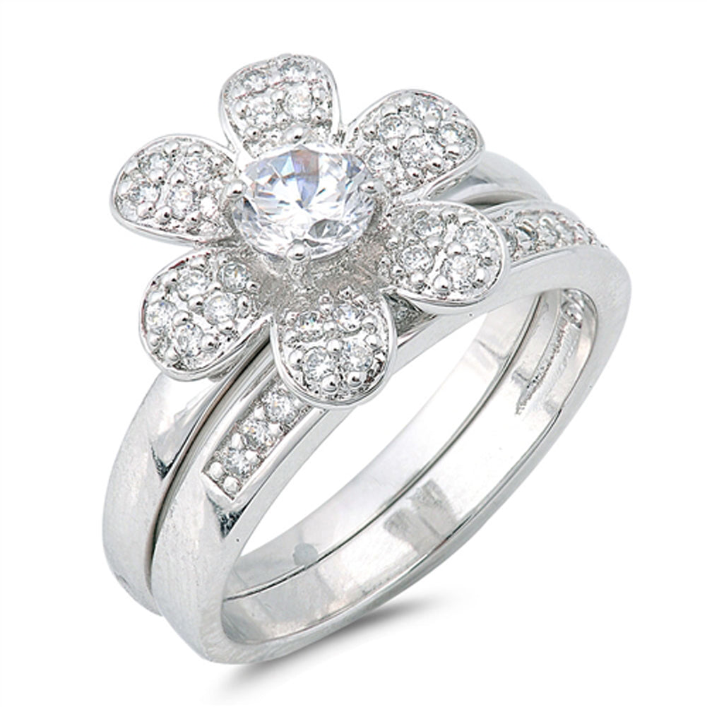 Flower Set Clear CZ Cute Solitaire Ring New .925 Sterling Silver Band Sizes 5-9