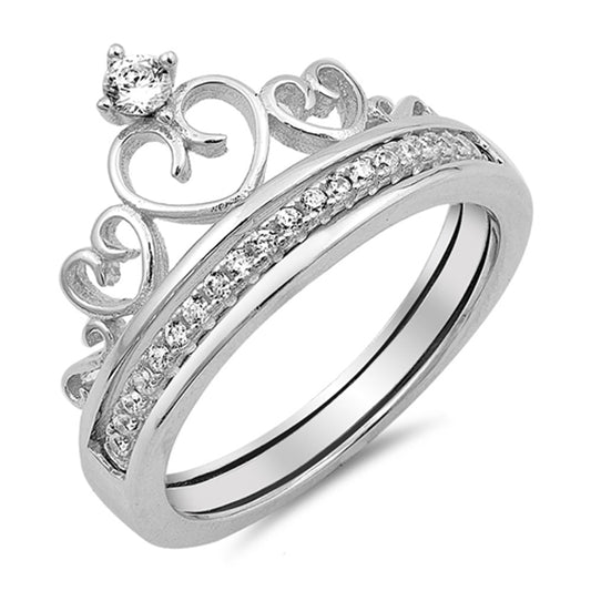 Crown Heart Tiara White CZ Promise Ring New .925 Sterling Silver Band Sizes 5-10