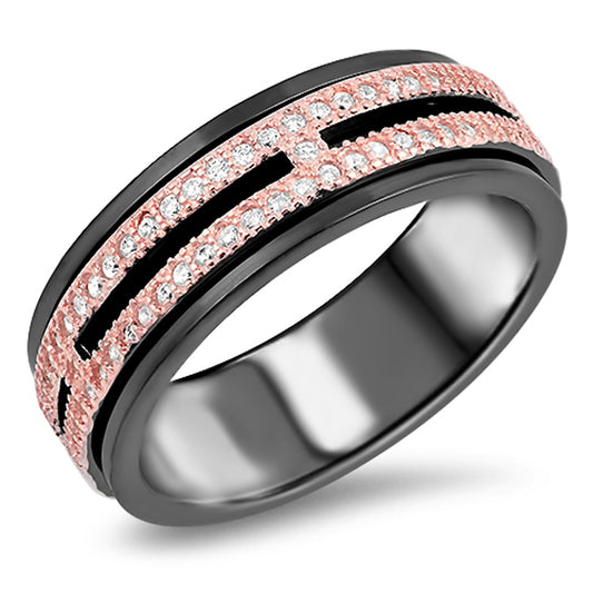 Rose Gold-Tone Clear CZ Spinner Wedding Ring Sterling Silver Black Band Sizes 5-12