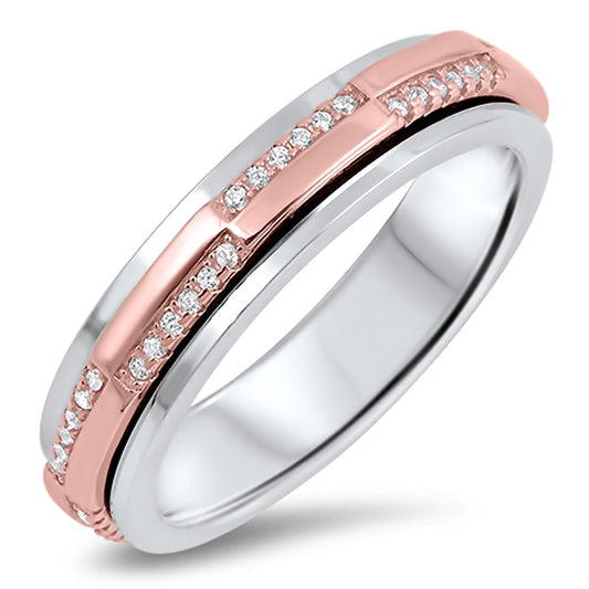 Rose Gold-Tone White CZ Spinner Wedding Ring 925 Sterling Silver Band Sizes 5-12