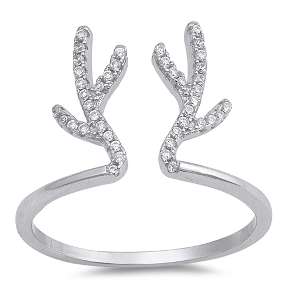 Reindeer Antlers White CZ Christmas Ring Sterling Silver Open Band Sizes 4-10