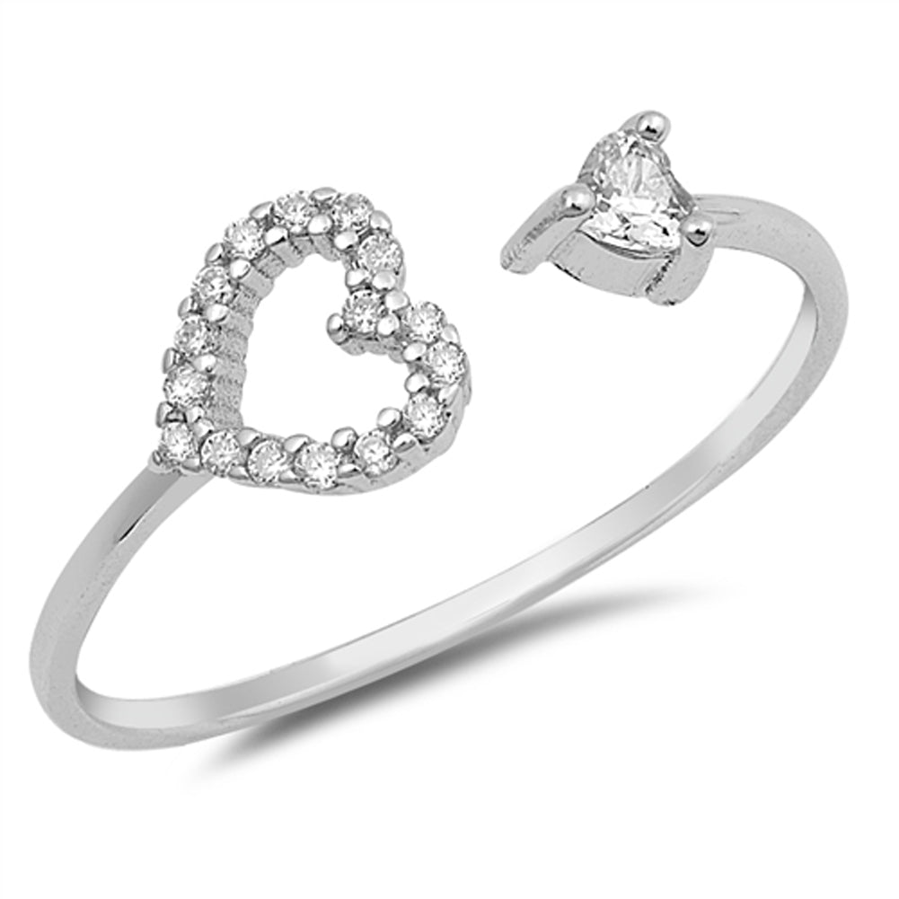 Open Adjustable Heart Clear CZ Promise Ring .925 Sterling Silver Band Sizes 4-10