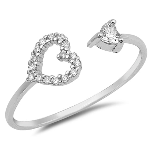 Open Adjustable Heart Clear CZ Promise Ring .925 Sterling Silver Band Sizes 4-10