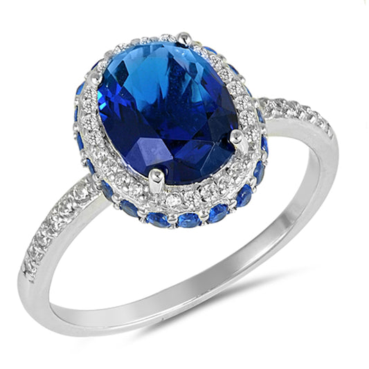 Oval Blue Sapphire CZ Sideways Halo Ring .925 Sterling Silver Band Sizes 5-10